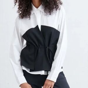 Oak + Fort Bustier Layered White Poplin Button Down L/S Shirt Sz S